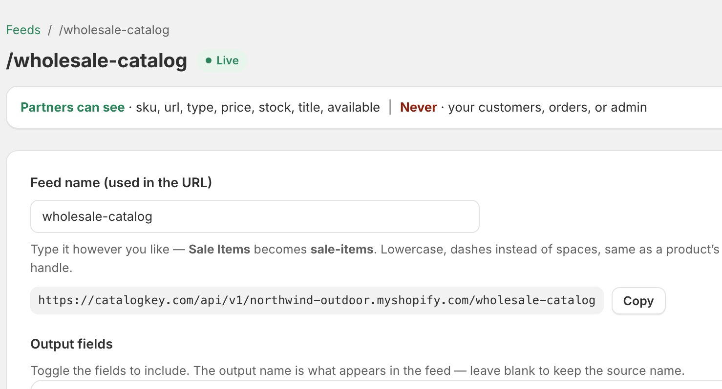Feed editor: what partners can see, the feed link and its fields